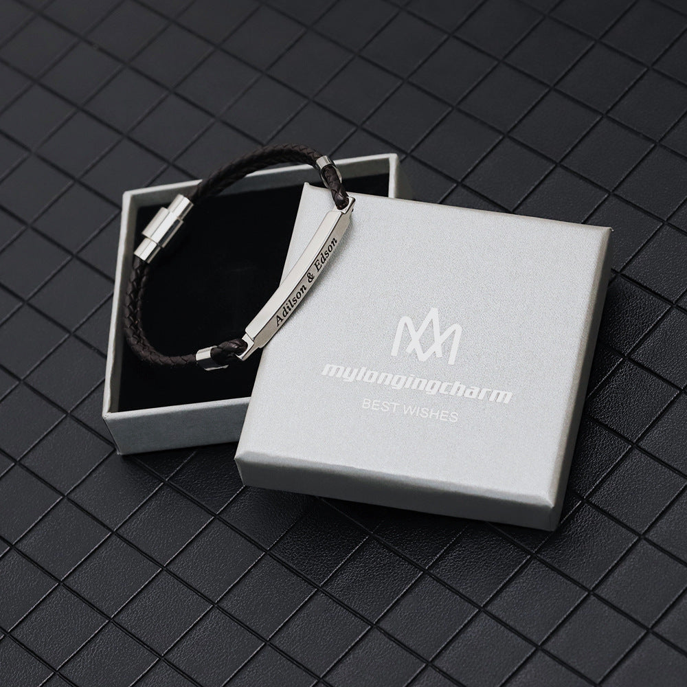 Men's Leather Bracelet – Engraved Stainless Steel with Magnetic Clasp Men's Leather Bracelet – Engraved Stainless Steel with Magnetic Clasp